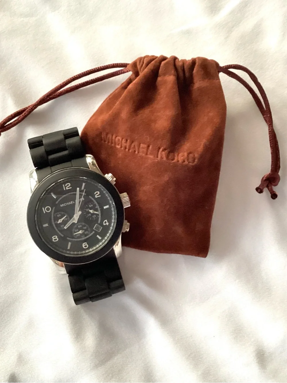 Michael Kors Black Silver Chronograph Silicone Watch New Batteries w/MK Dust Bag